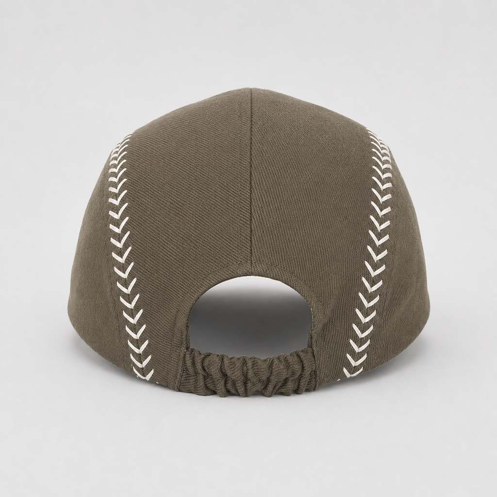 Back view of an olive cotton 5 panel cap with elastic back fit and white baseball stitch detailing.