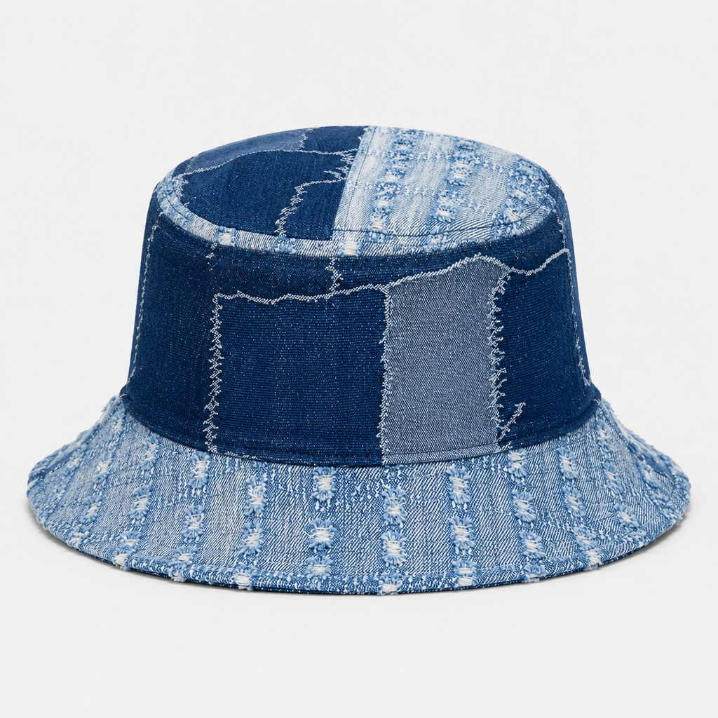 Back view of a 100% denim patchwork bucket hat with mixed blue panels and soft brim