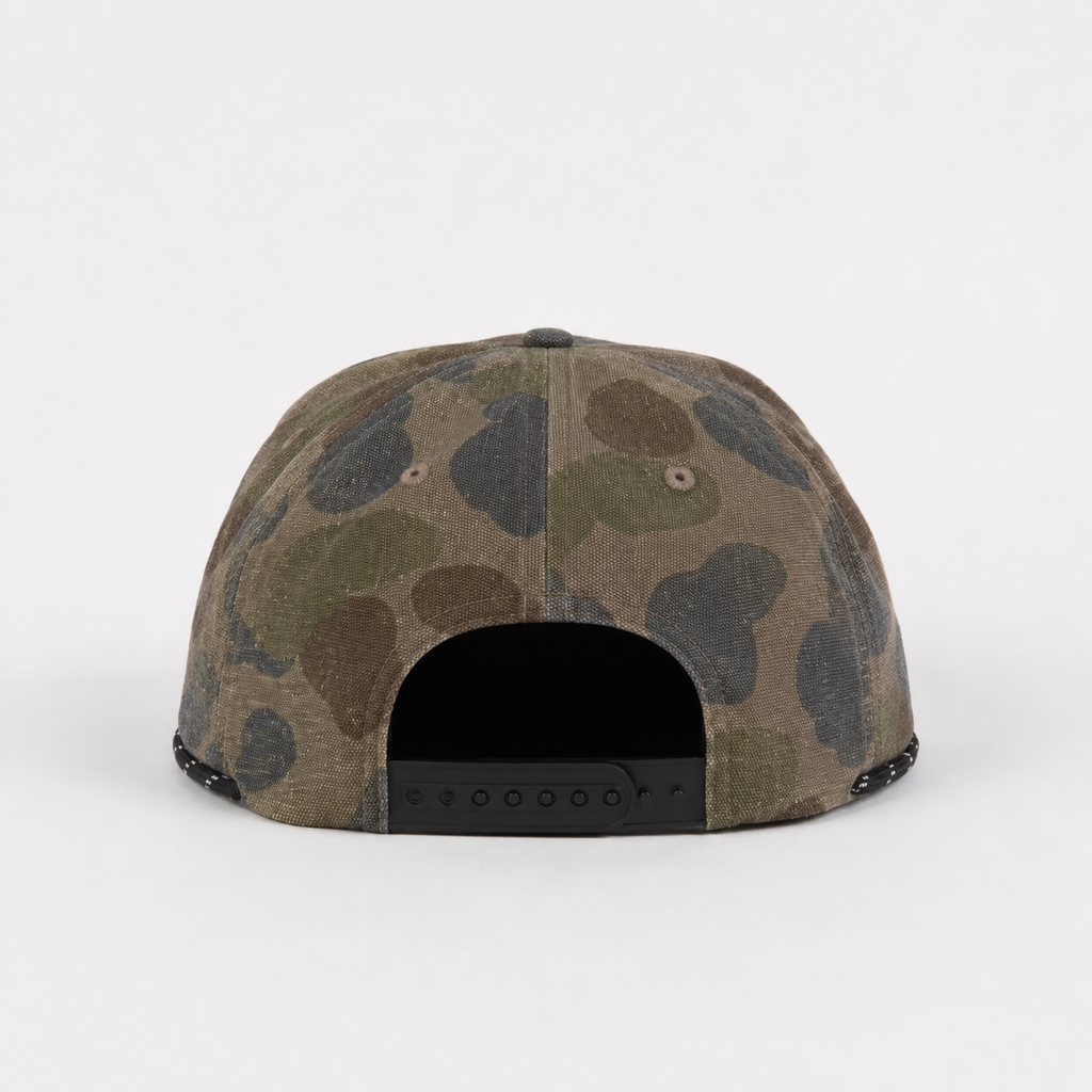 Back view of a custom camo 5 panel snapback hat with adjustable plastic closure and comfortable cotton construction.