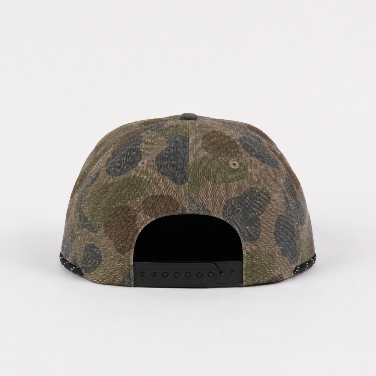 Back view of a custom camo 5 panel snapback hat with adjustable plastic closure and comfortable cotton construction.