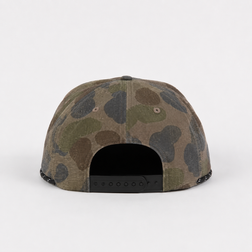 Back view of a custom camo 5 panel snapback hat with adjustable plastic closure and comfortable cotton construction.