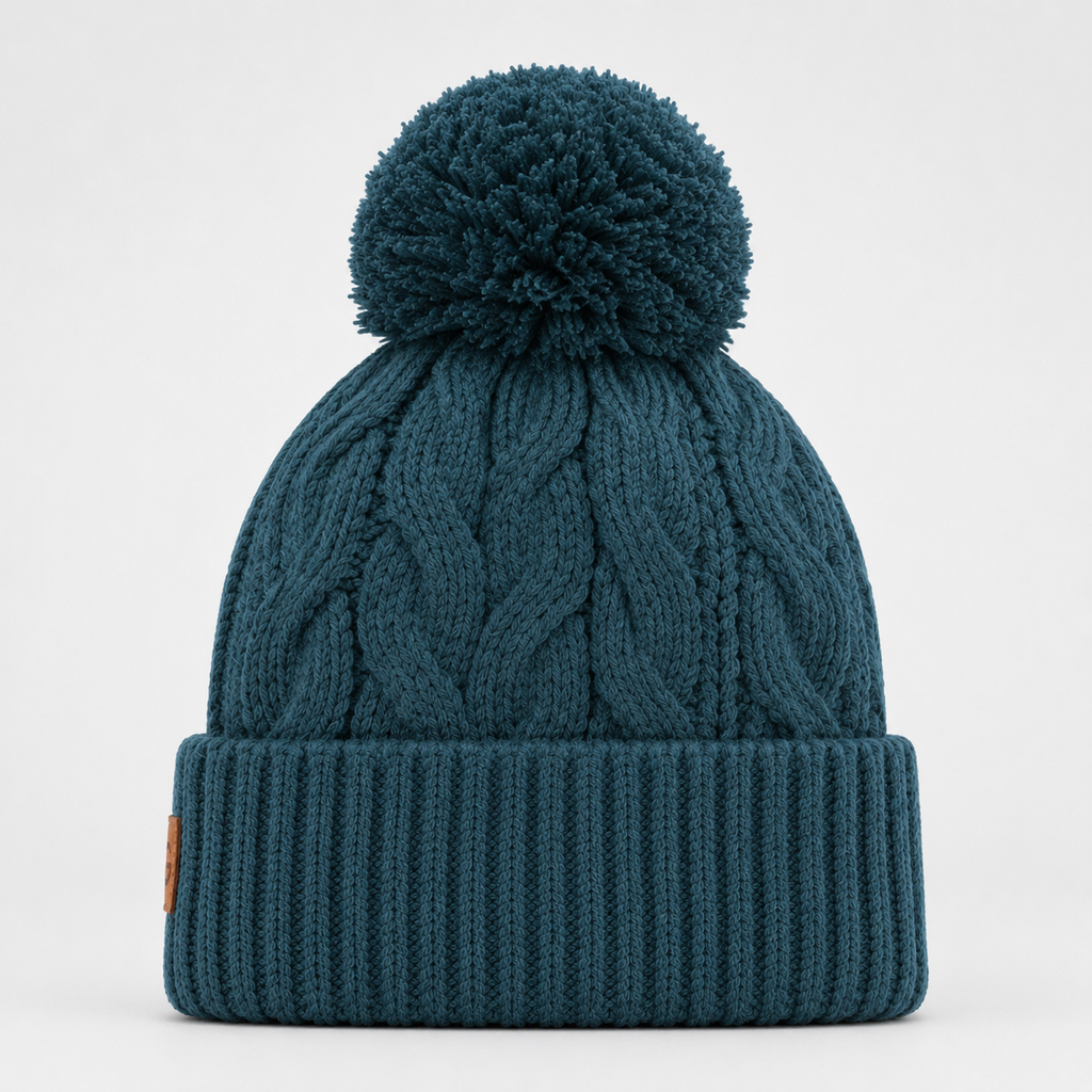 Back view of a teal cable knit pom pom beanie showing the longer fit and ribbed folded cuff.