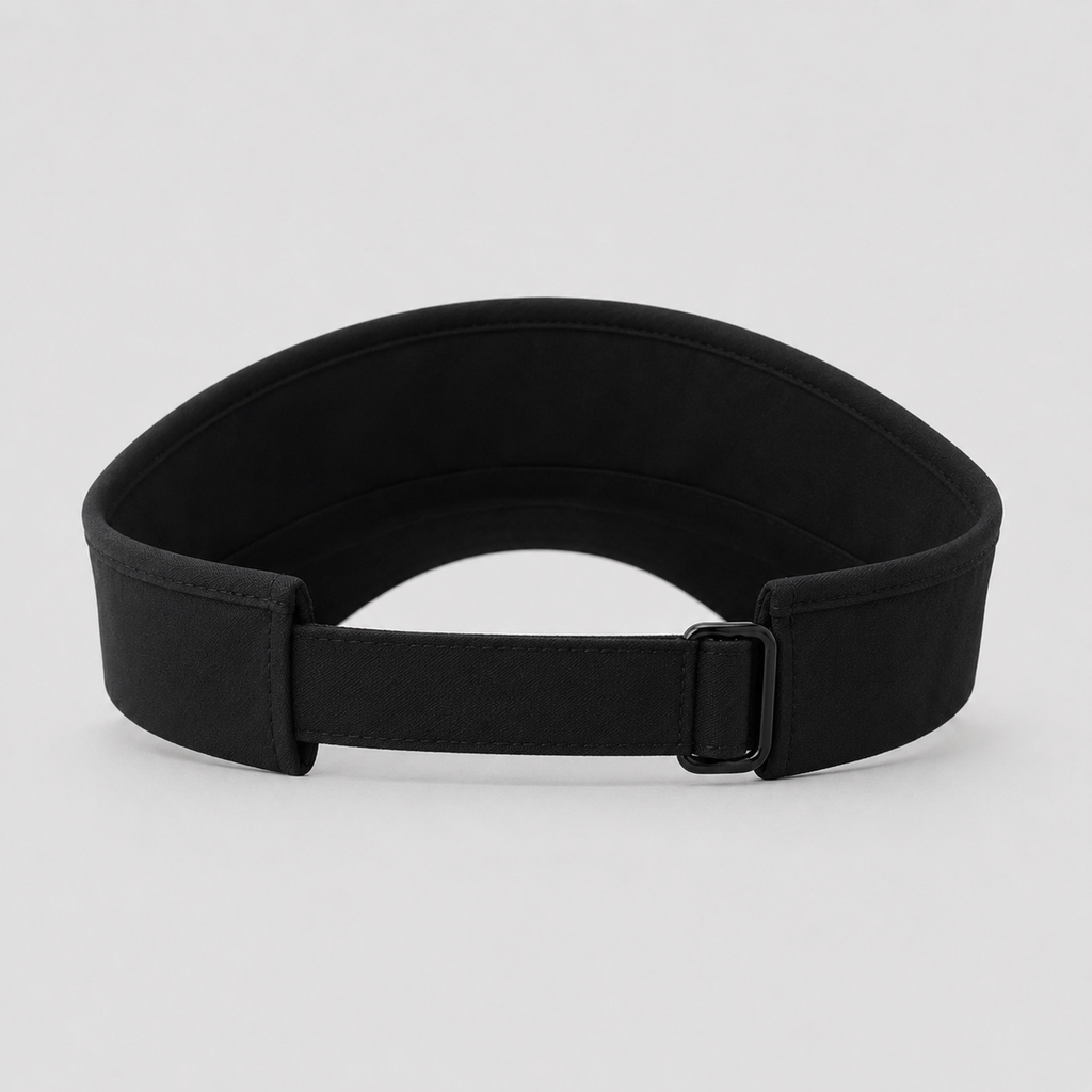 Back view of a black custom sports visor with adjustable strap, designed for sports, golf, and wholesale branding use