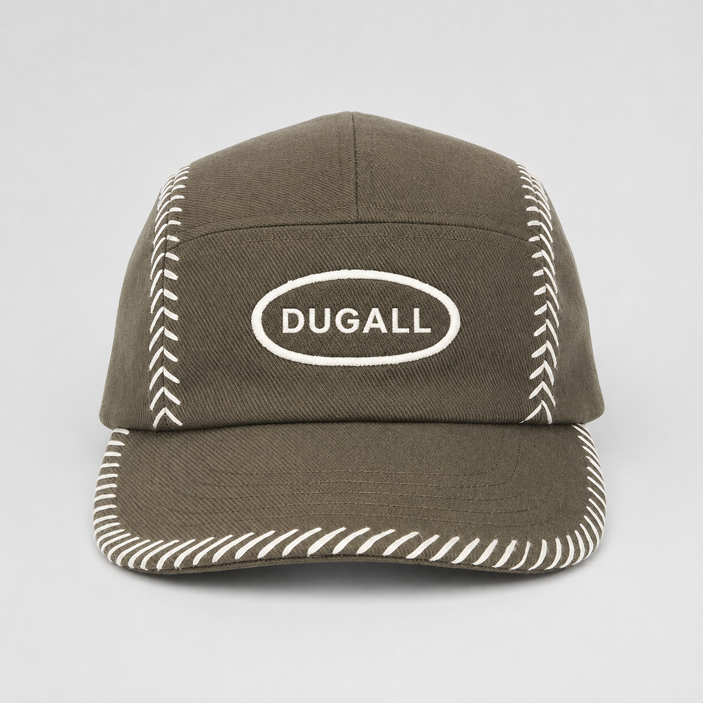 Front view of an olive 100% cotton 5 panel cap with custom embroidered logo and white baseball stitch design.