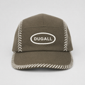 Front view of an olive 100% cotton 5 panel cap with custom embroidered logo and white baseball stitch design.