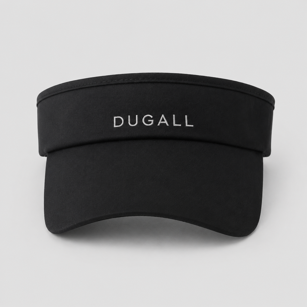 Front view of a black custom embroidered sports visor made of polyester with DUGALL logo, quick-dry and UV protection design