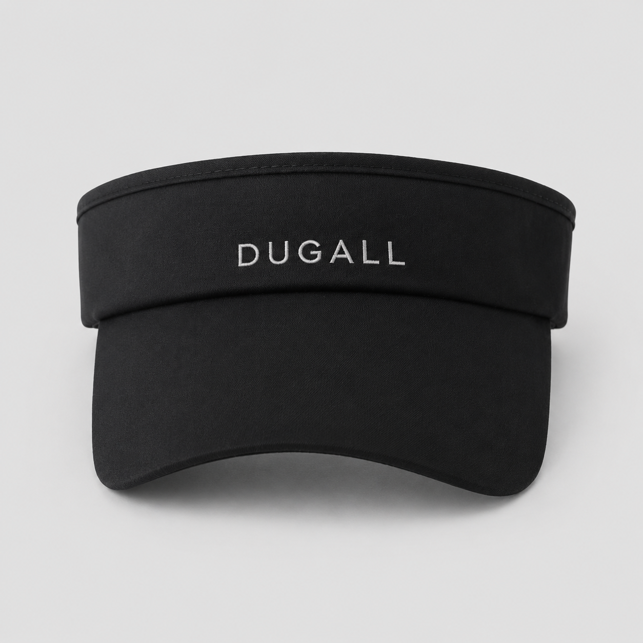 Front view of a black custom embroidered sports visor made of polyester with DUGALL logo, quick-dry and UV protection design