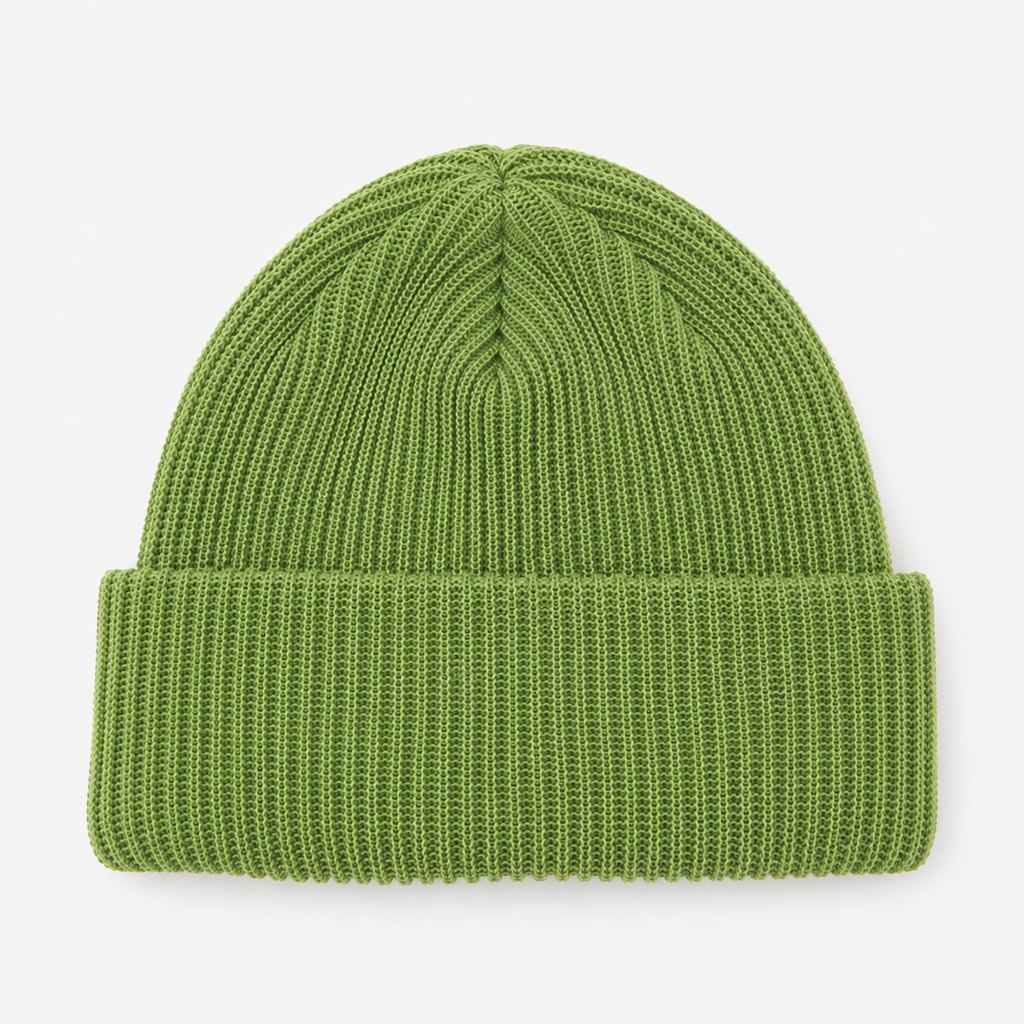 Front view of a green acrylic ribbed beanie with folded cuff for custom logo branding.