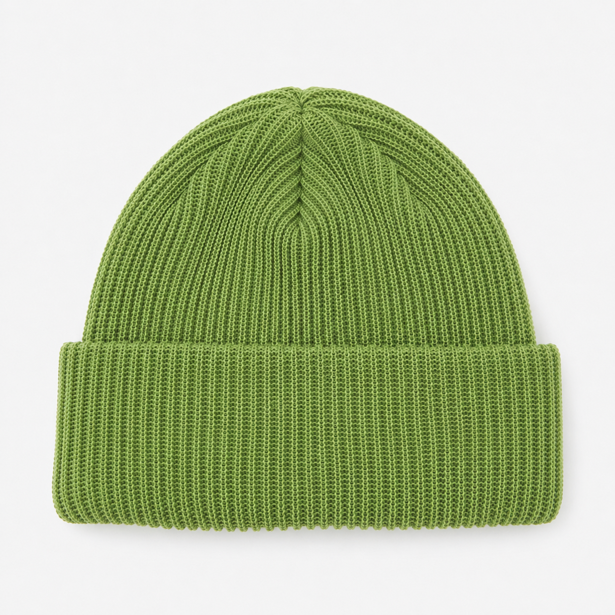 Front view of a green acrylic ribbed beanie with folded cuff for custom logo branding.