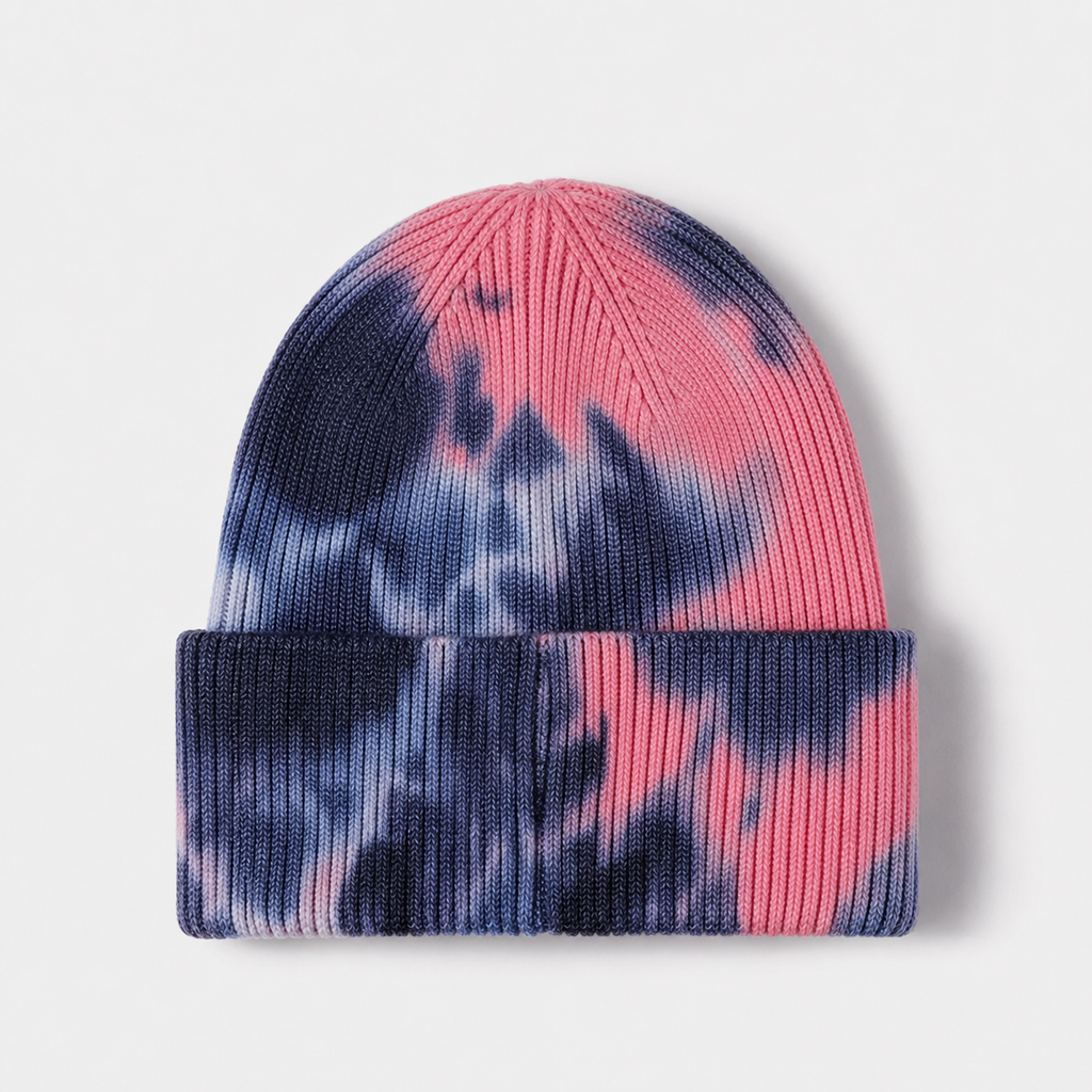 Blank colorful tie dye acrylic beanie with folded cuff for custom logo branding.