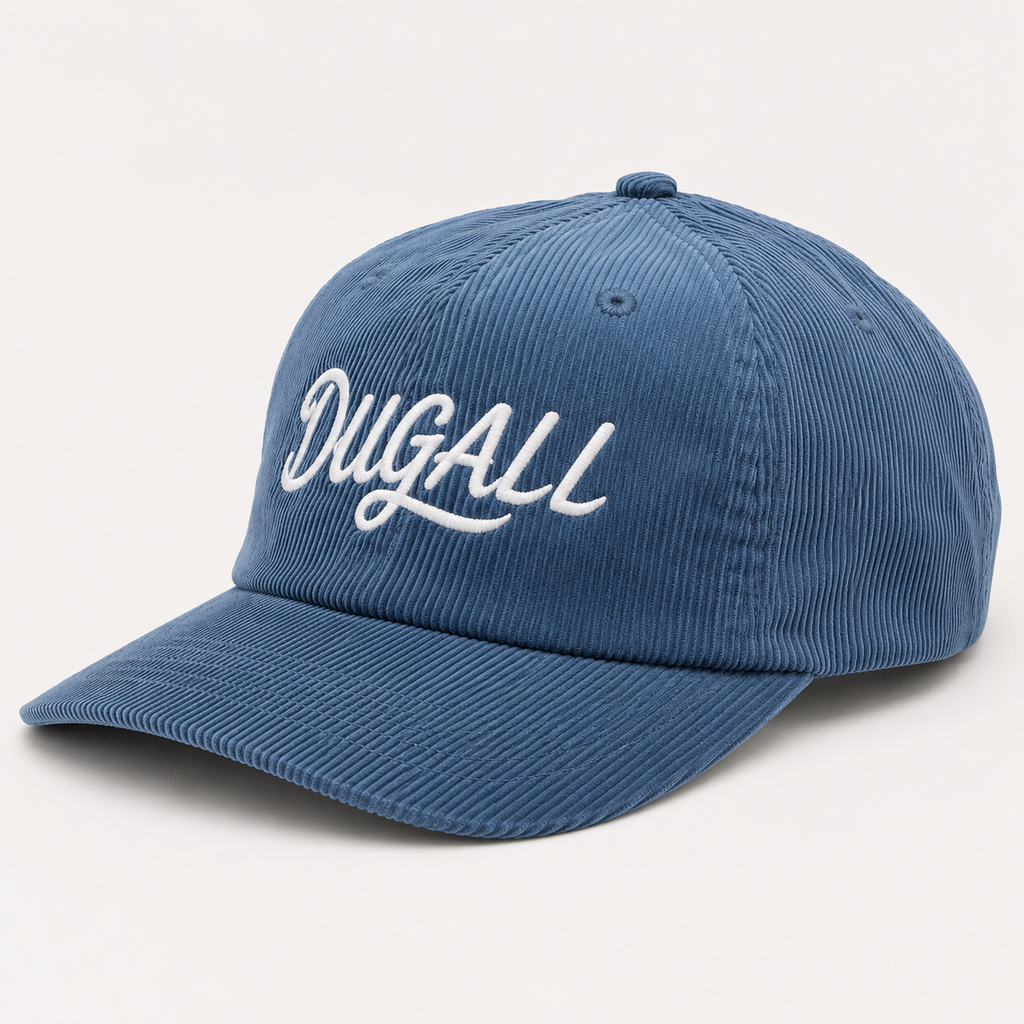 Blue corduroy dad hat with custom white embroidered logo shown in front side view