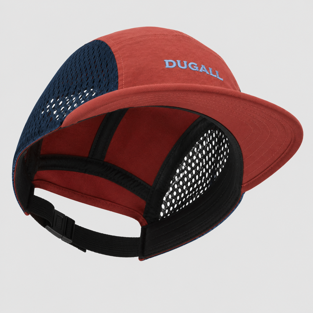 Interior view of a custom color block mesh 5 panel cap showing breathable side panels, inner taping, flat brim, and adjustable closure.