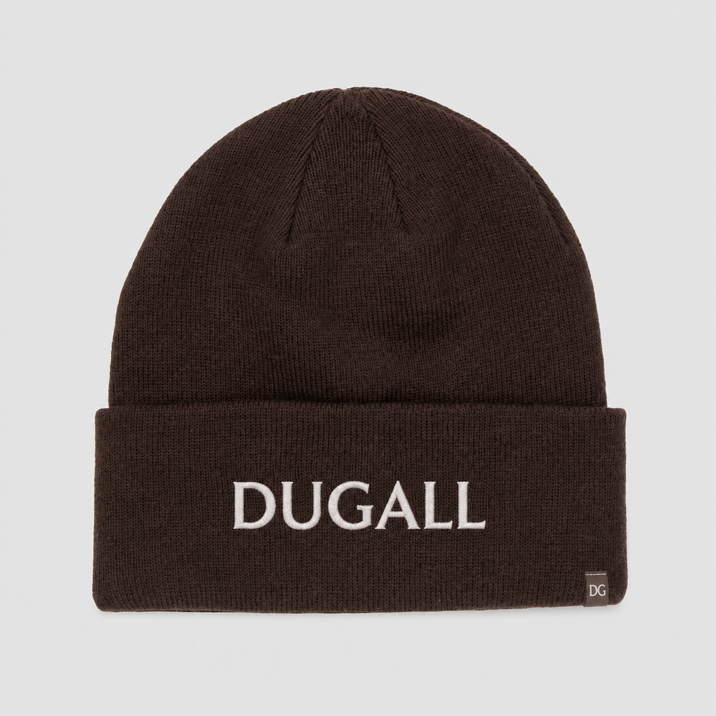 Brown acrylic spandex knit beanie with white embroidered DUGALL logo and side label.