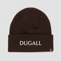 Brown acrylic spandex knit beanie with white embroidered DUGALL logo and side label.