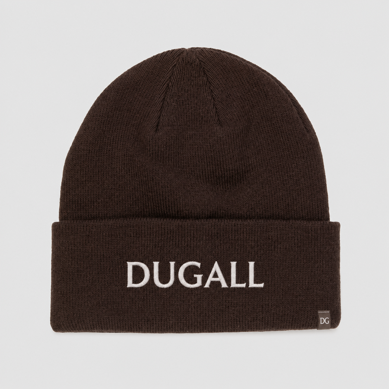 Brown acrylic spandex knit beanie with white embroidered DUGALL logo and side label.