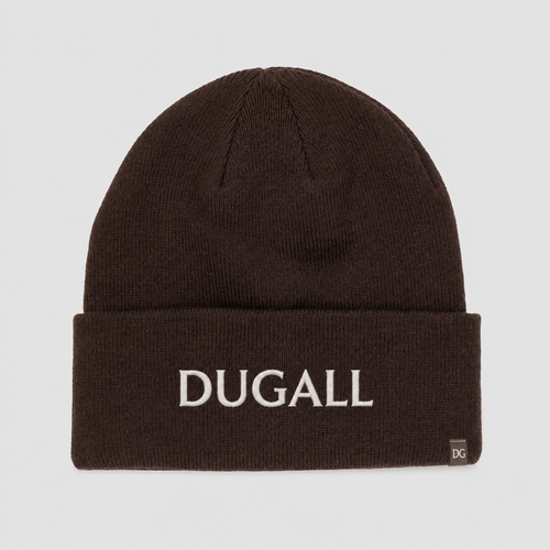 Brown acrylic spandex knit beanie with white embroidered DUGALL logo and side label.