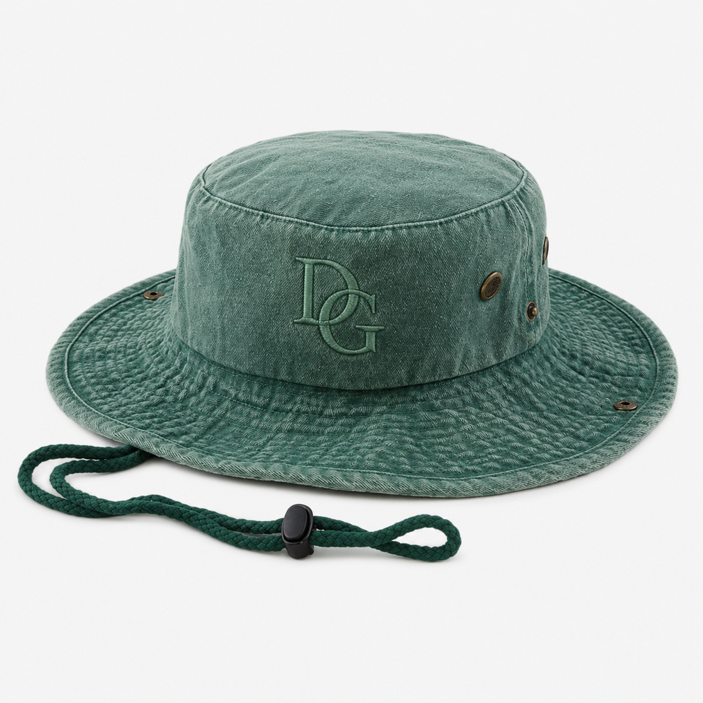 Custom green 100% cotton bucket hat with embroidered logo and adjustable chin strap on white background