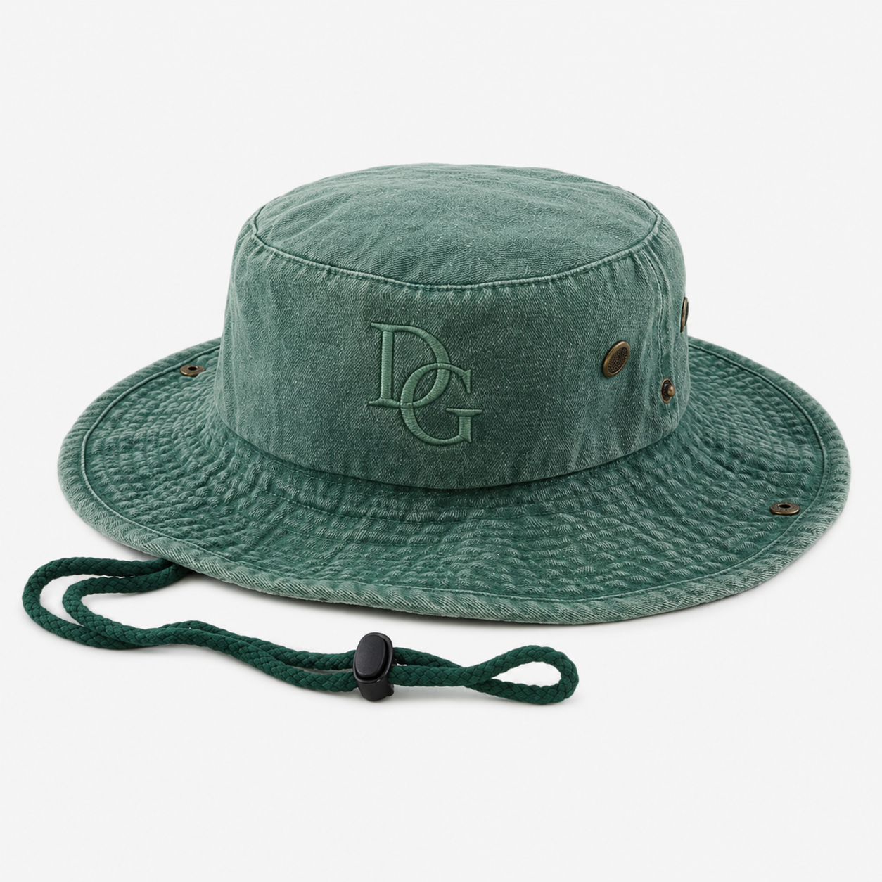 Custom green 100% cotton bucket hat with embroidered logo and adjustable chin strap on white background