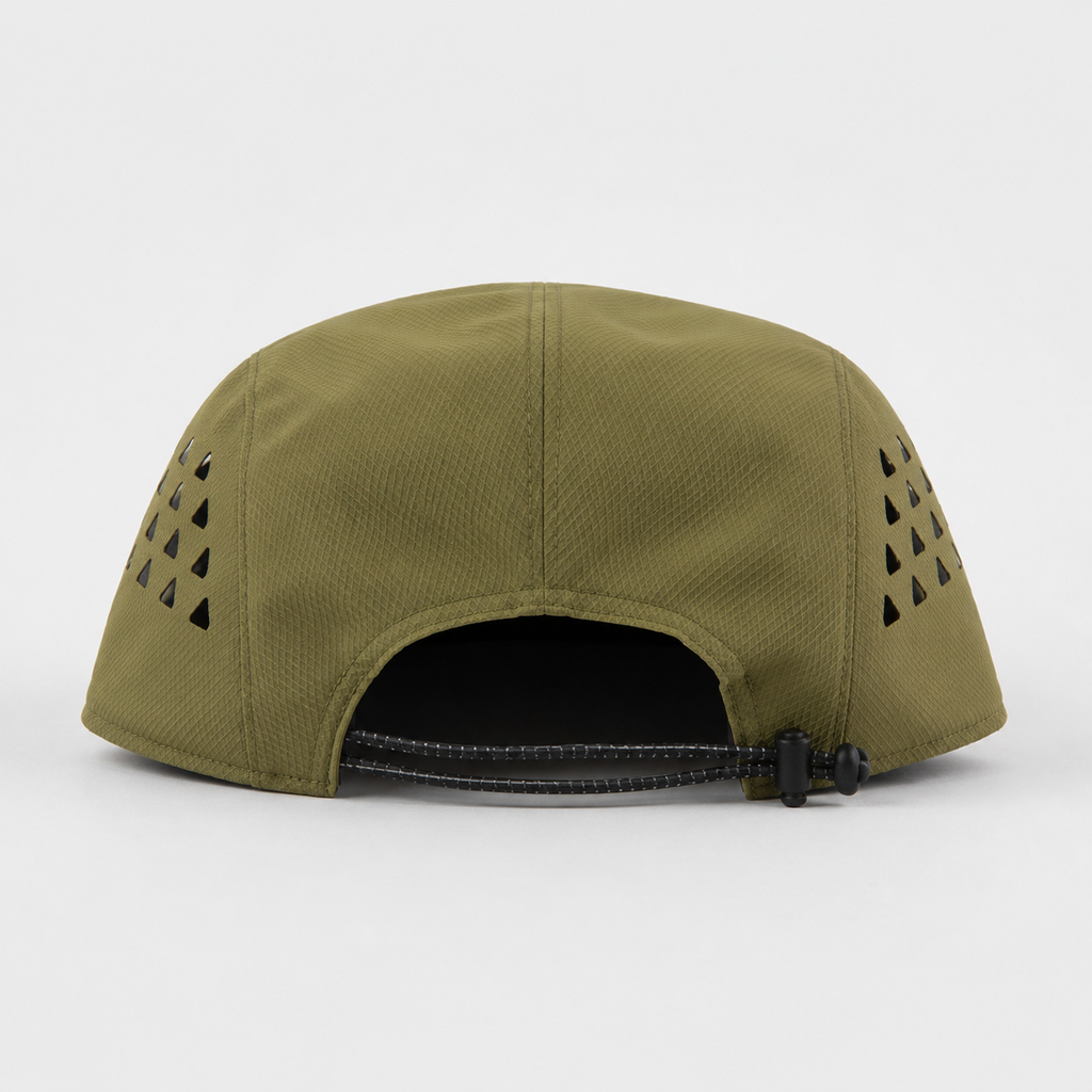 Back view of an olive green outdoor 5 panel cap with adjustable bungee cord closure and side ventilation cutouts.