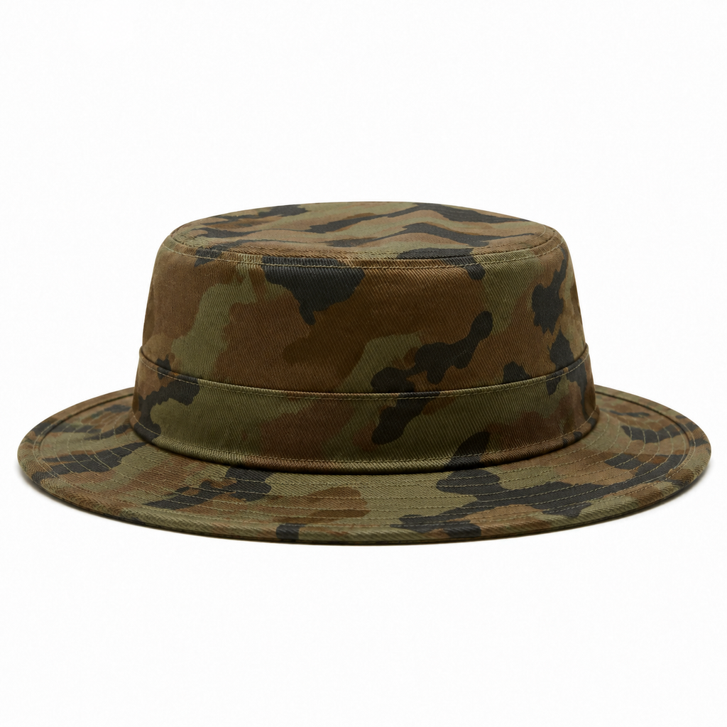 Back view of a camouflage washed cotton bucket hat with classic outdoor casual structure.