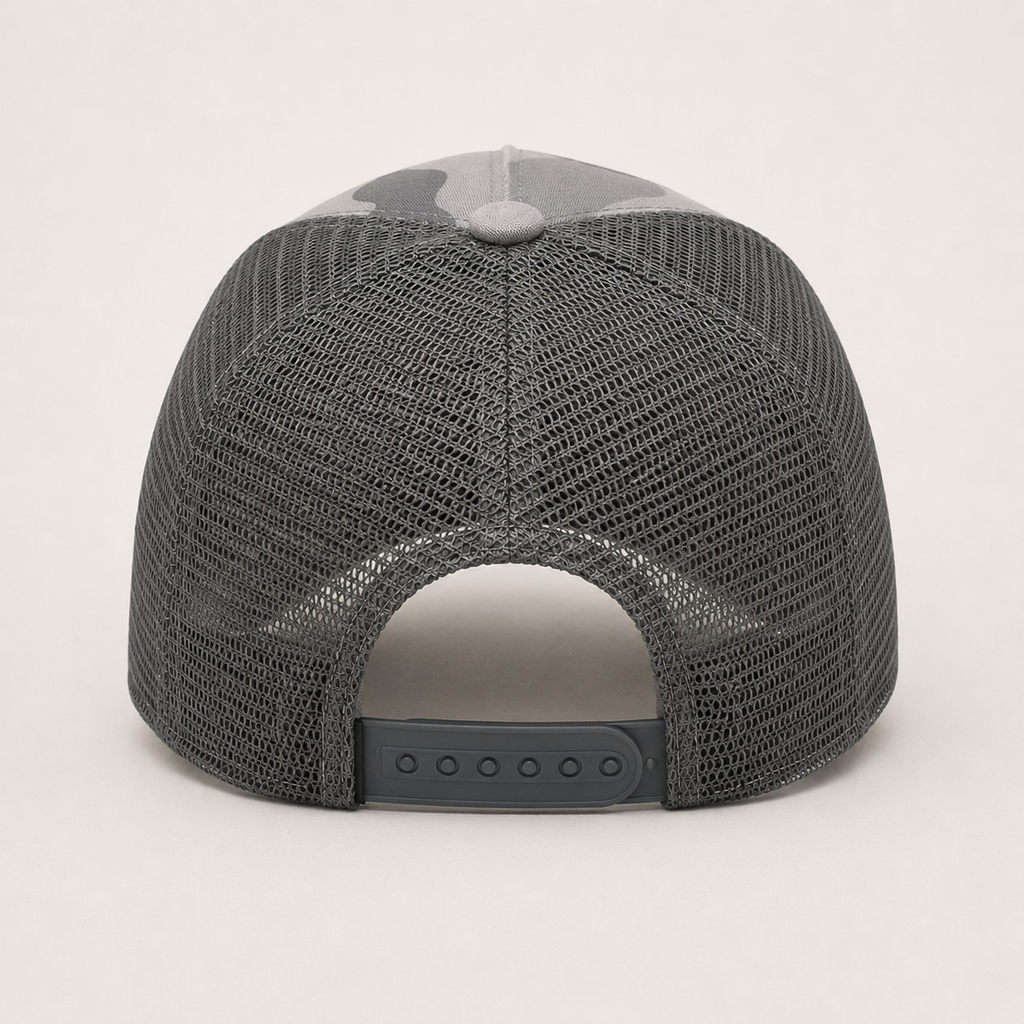 Back view of a custom camo trucker hat with breathable mesh panels and adjustable snapback closure.