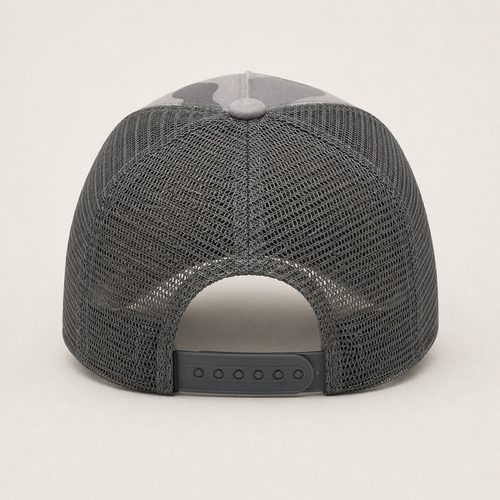 Back view of a custom camo trucker hat with breathable mesh panels and adjustable snapback closure.