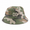 Front view of a custom outdoor casual bucket hat with camouflage pattern, washed cotton fabric, and embroidered logo.