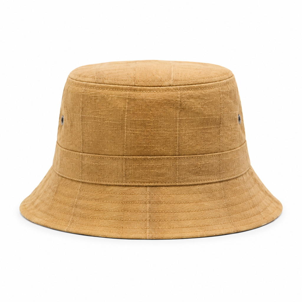 Back view of a cotton linen bucket hat showing the clean structure and functional outdoor casual design.