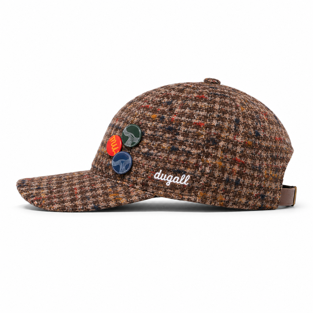Side view of a premium custom wool baseball cap featuring a white embroidered side logo and front button decoration.