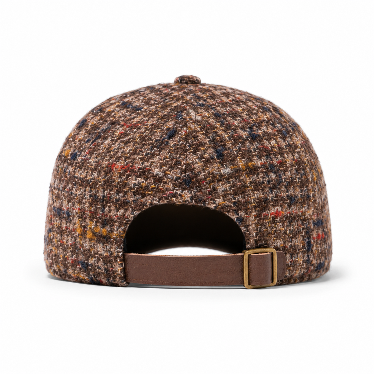 Back view of a custom six-panel wool baseball cap with an adjustable brown leather strap and metal buckle closure.