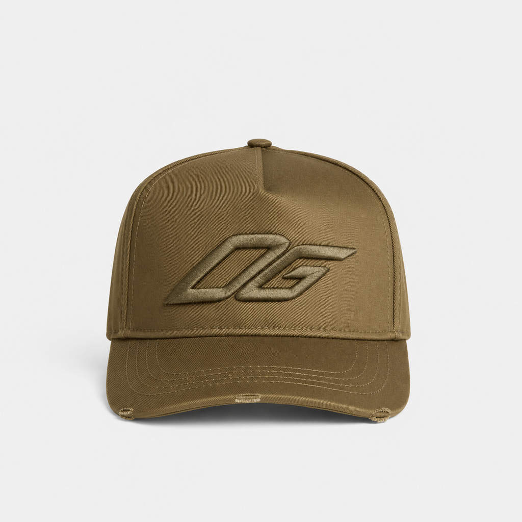 Front view of a custom olive snapback hat with raised 3D embroidered logo