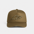 Front view of a custom olive snapback hat with raised 3D embroidered logo