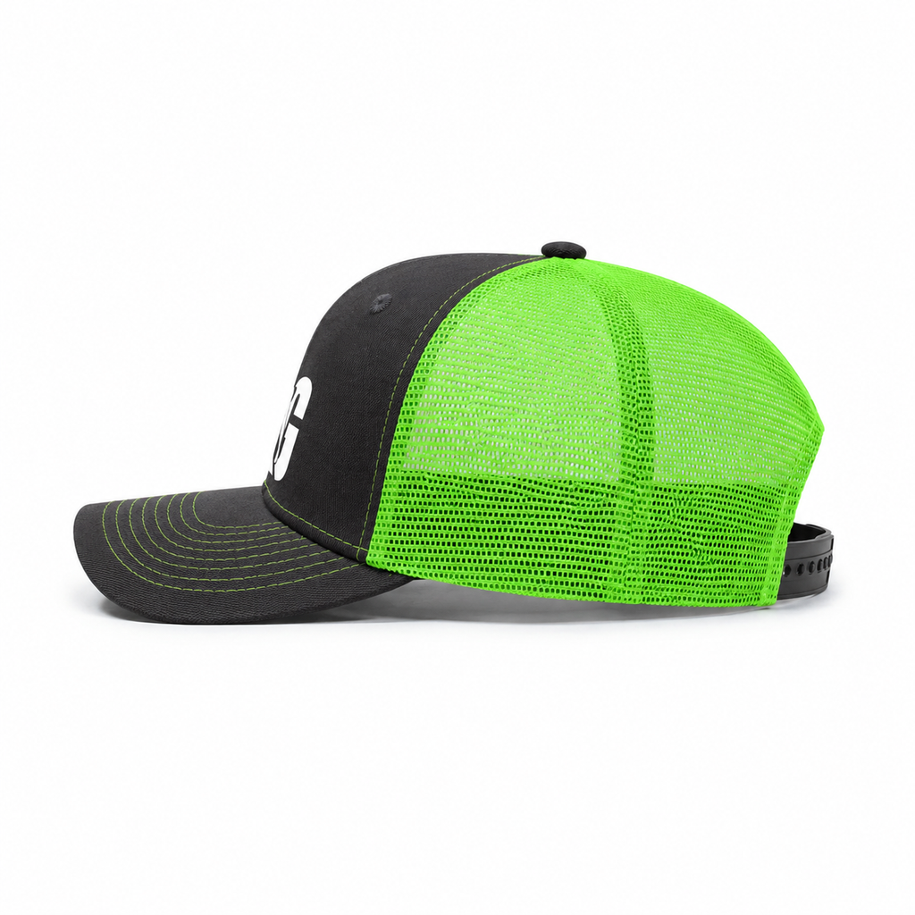 Side view of a custom cotton six-panel trucker cap with curved brim and breathable neon mesh back