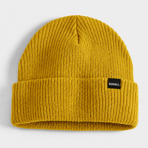 Mustard yellow acrylic ribbed beanie with folded cuff and custom woven label logo.