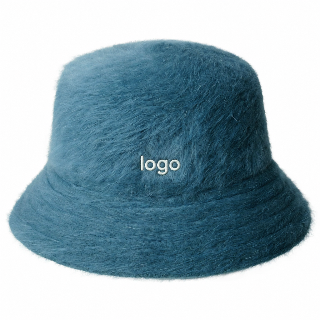 Front view of a custom autumn winter bucket hat made from soft faux fur material with embroidery logo detail.