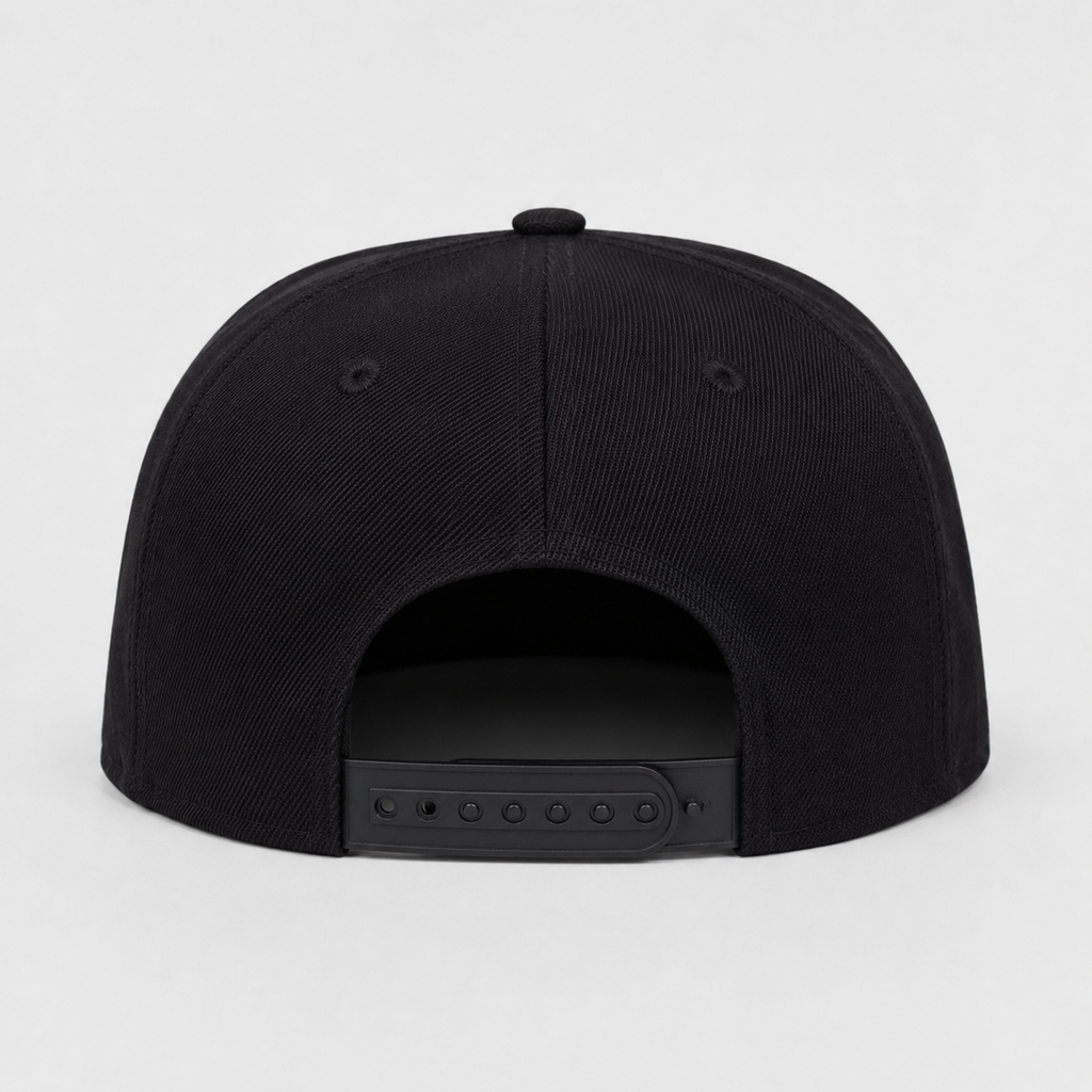 Back view of black custom snapback hat with adjustable snap closure and structured cotton crown