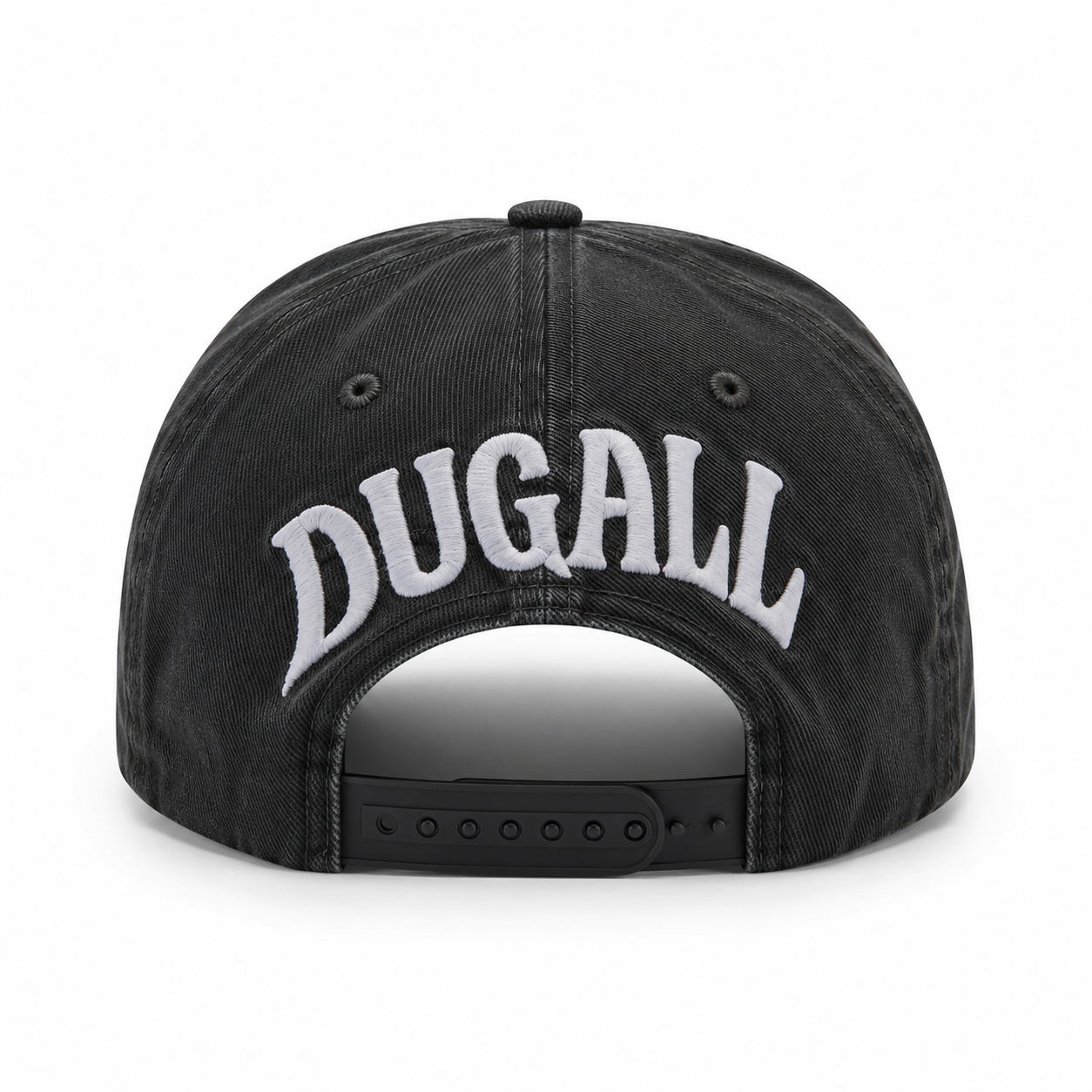 Back view of a black custom cotton snapback hat with adjustable closure and large embroidered back logo.