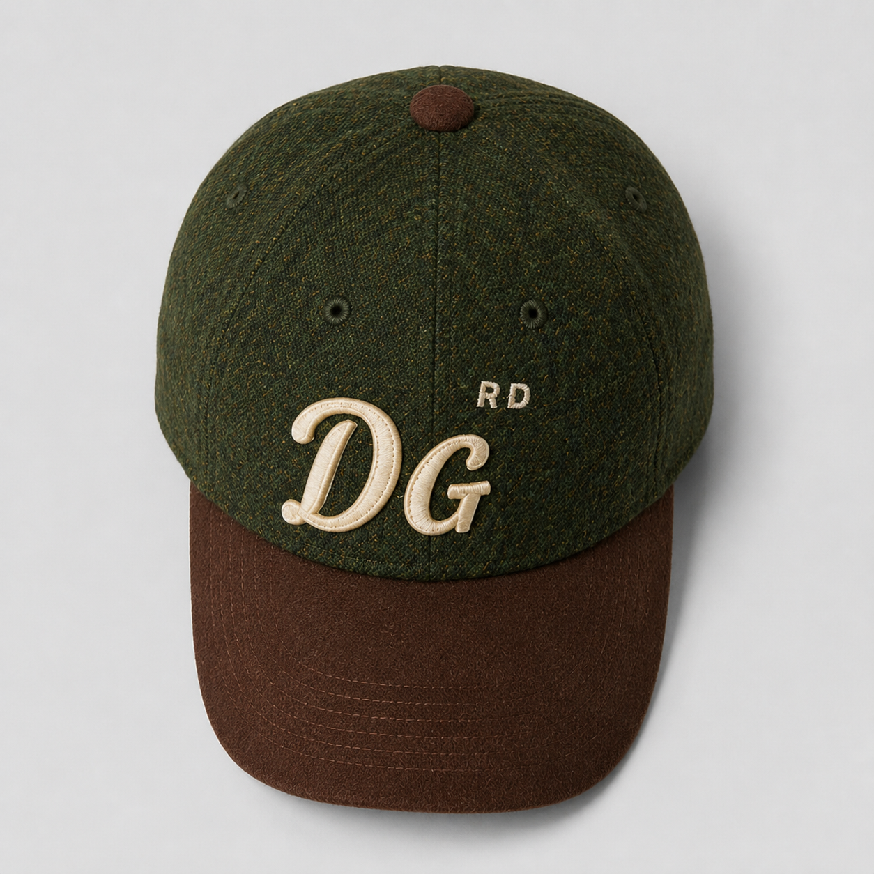 Top view of a six panel wool dad hat showing custom embroidery placement and cap construction.