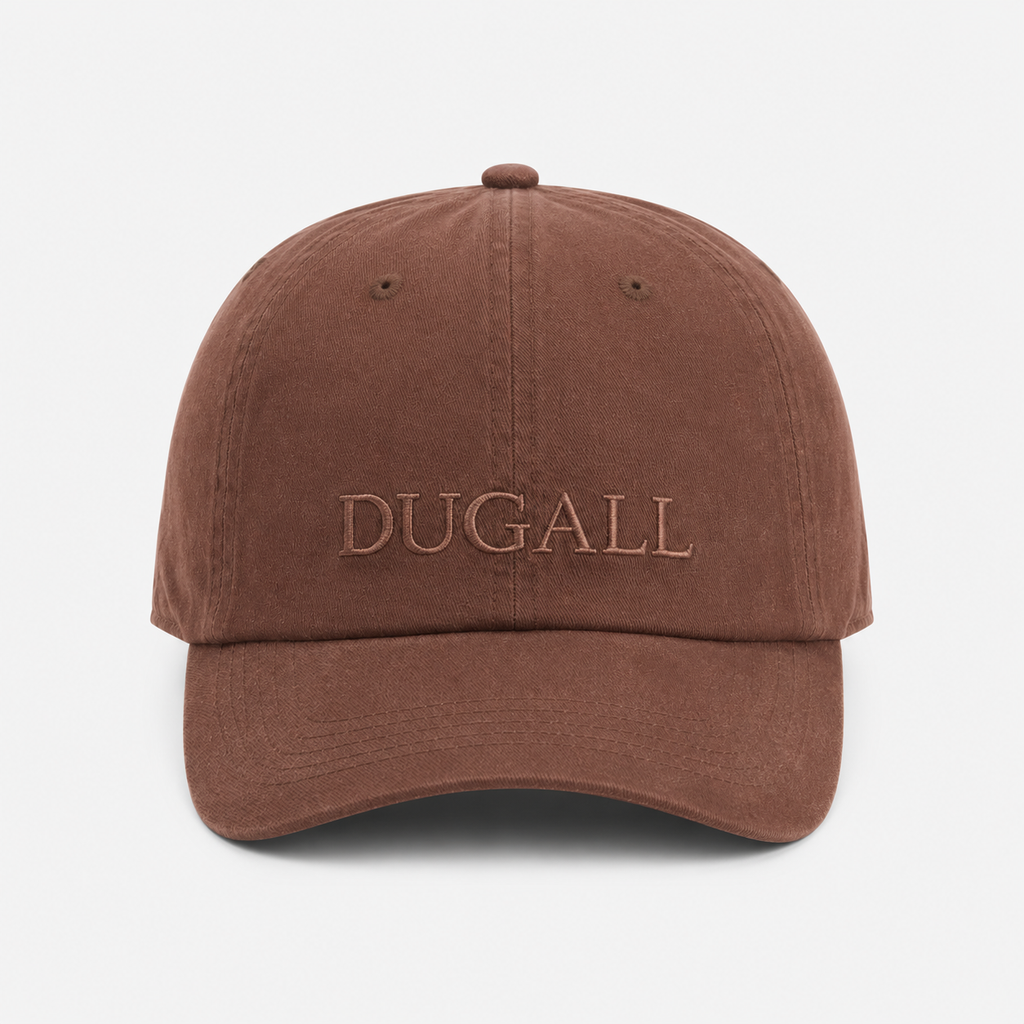 Front view of a brown 100% cotton custom snapback hat with tone-on-tone embroidered logo and curved brim.