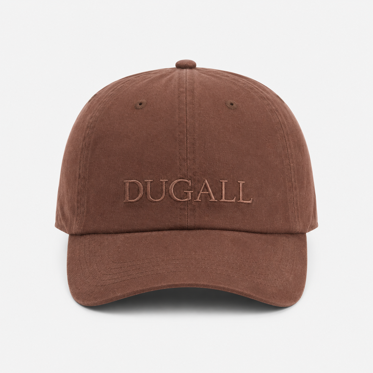 Front view of a brown 100% cotton custom snapback hat with tone-on-tone embroidered logo and curved brim.