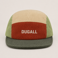 Custom color block corduroy 5 panel cap with embroidered DUGALL logo front view