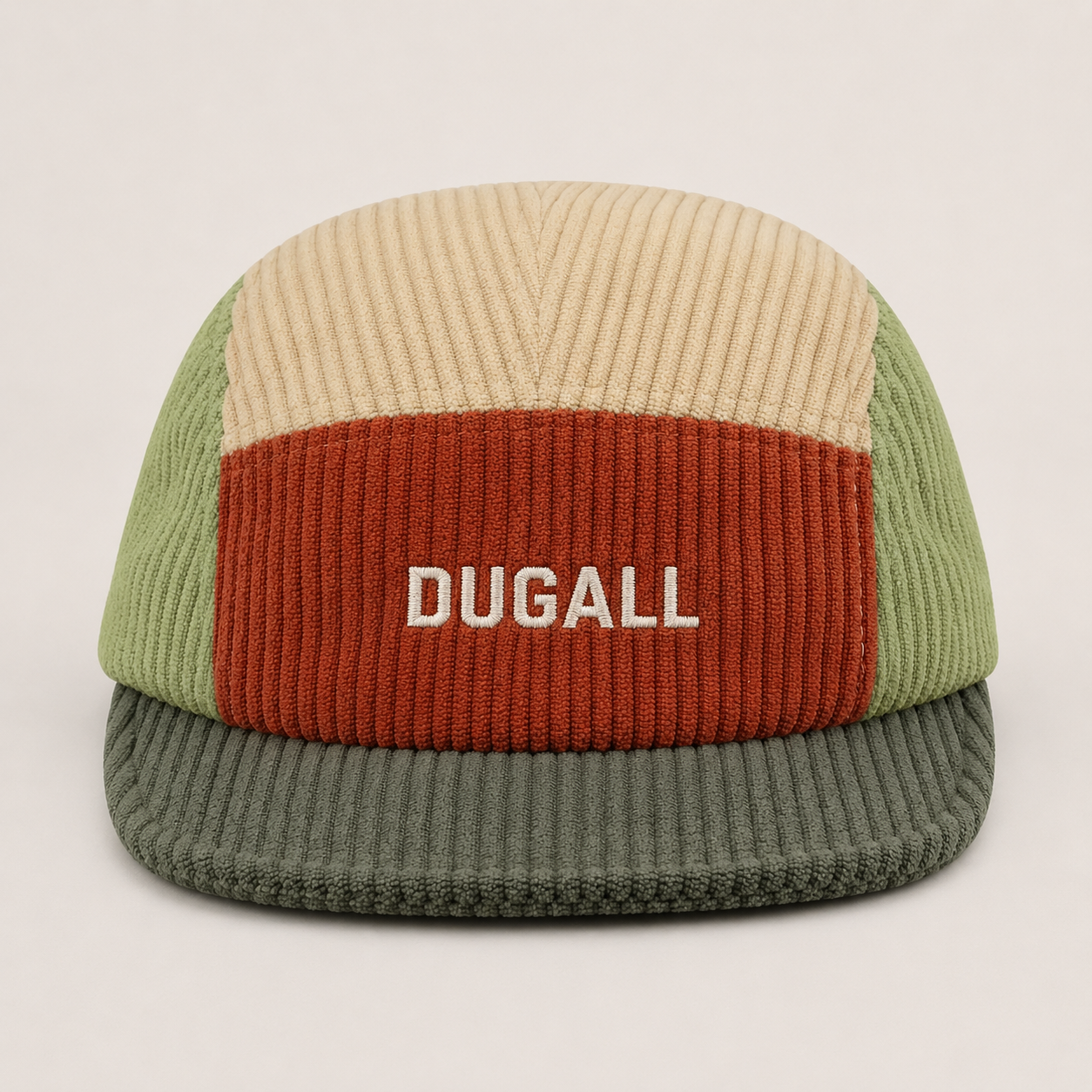 Custom color block corduroy 5 panel cap with embroidered DUGALL logo front view
