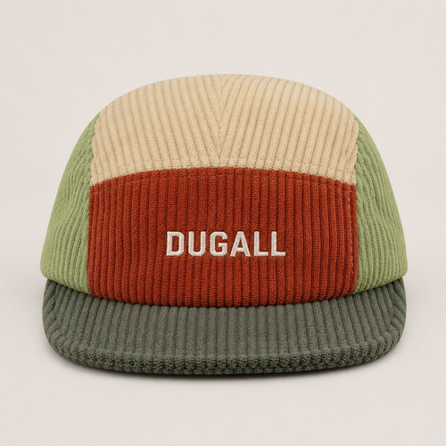 Custom color block corduroy 5 panel cap with embroidered DUGALL logo front view