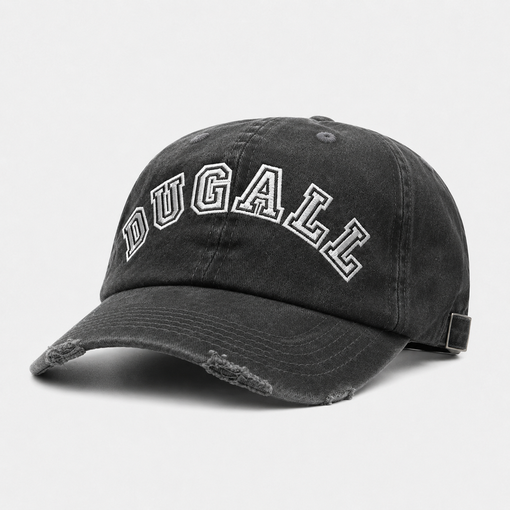 Black washed custom dad hat made from 100% cotton with large embroidered DUGALL lettering and distressed brim detail.