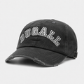 Black washed custom dad hat made from 100% cotton with large embroidered DUGALL lettering and distressed brim detail.