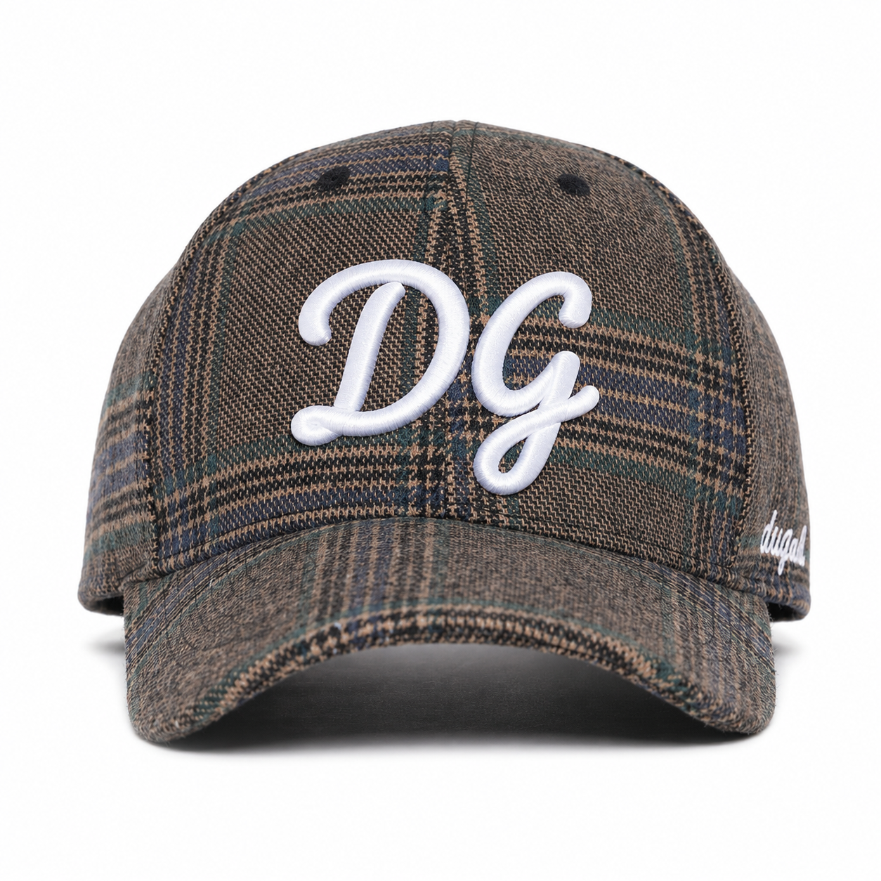 Front view of a custom embroidered plaid baseball cap with 3D puff logo and cotton 6 panel structure.