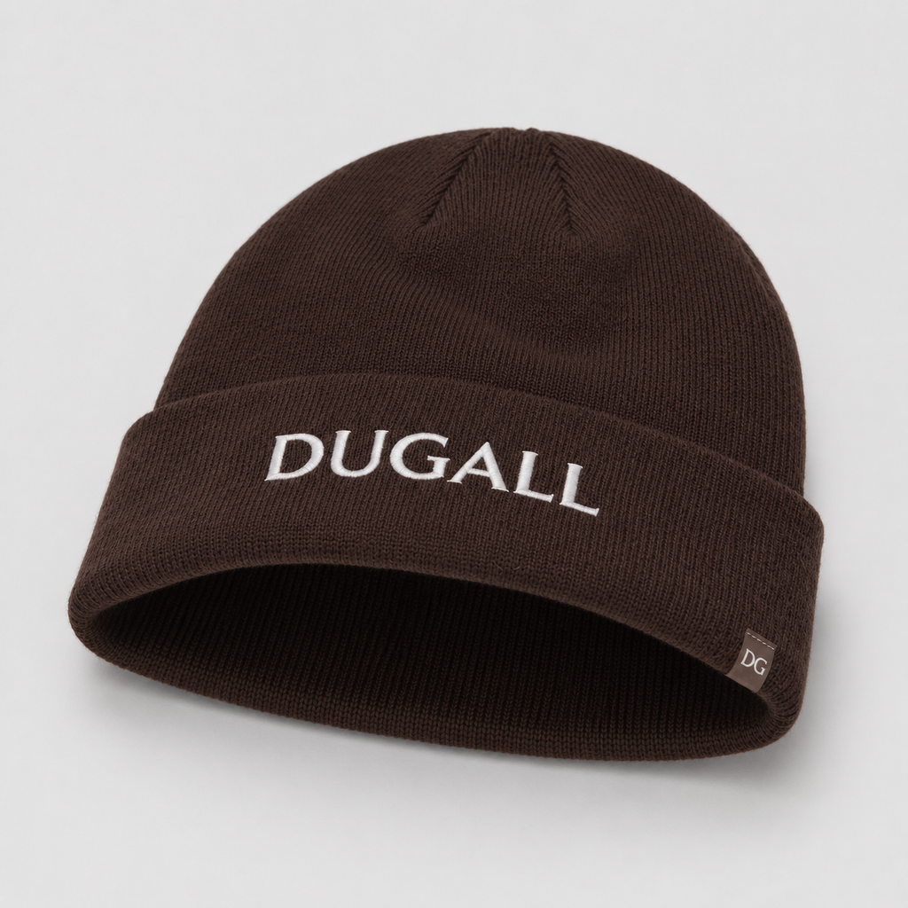 Angled view of a brown custom knit beanie with front embroidery logo and side label detail.