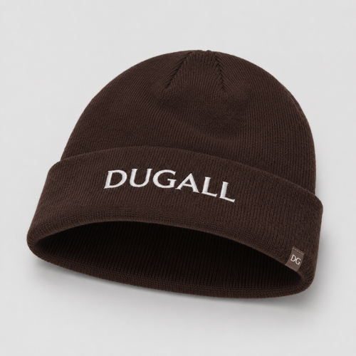 Angled view of a brown custom knit beanie with front embroidery logo and side label detail.
