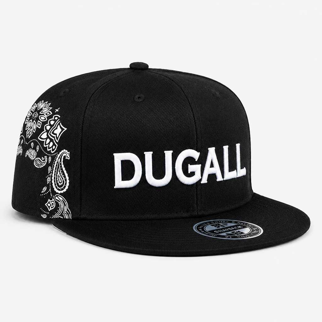 Black custom embroidered snapback hat with white front logo, flat brim, and bandana paisley side panel design.