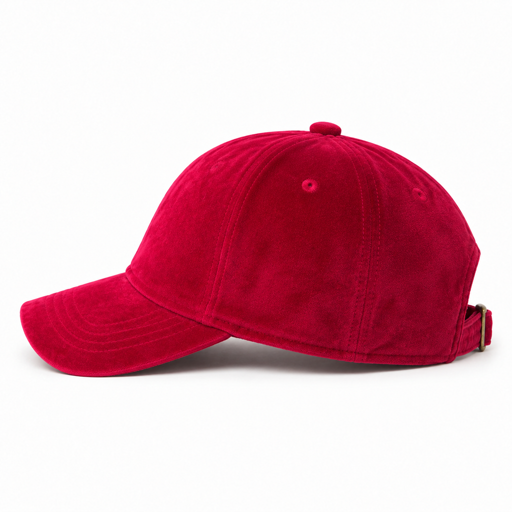 Side view of a custom embroidered velvet six-panel baseball cap with curved brim